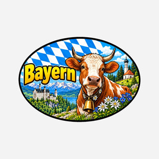 Bayern Landcode Sticker Alpen – Koe met Bel, Alpenweide en Dorp