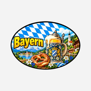 Bayern Landcode Sticker Biercultuur – Bierpul, Pretzel en Alpenlandschap
