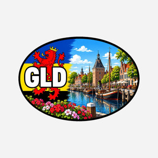 GLD Regiosticker Gelderland – historische haven, stadspoort en skyline