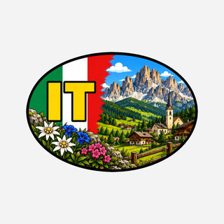 IT Landcode Sticker voor Auto, Motor, Camper & Caravan – Dolomieten, kerk met klokkentoren en alpenweiden