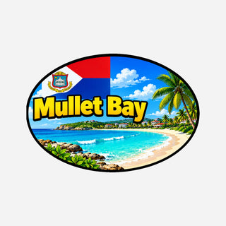 Mullet Bay Landcode Sticker voor Auto, Motor, Camper & Caravan – palmboom, zandstrand en turquoise zee