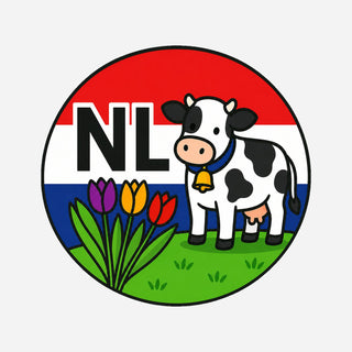 NL Landcode Sticker Nederland – Koe en Tulpen
